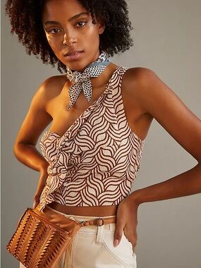 ANTHROPOLOGIE One-Shoulder Brown Printed Crop Top